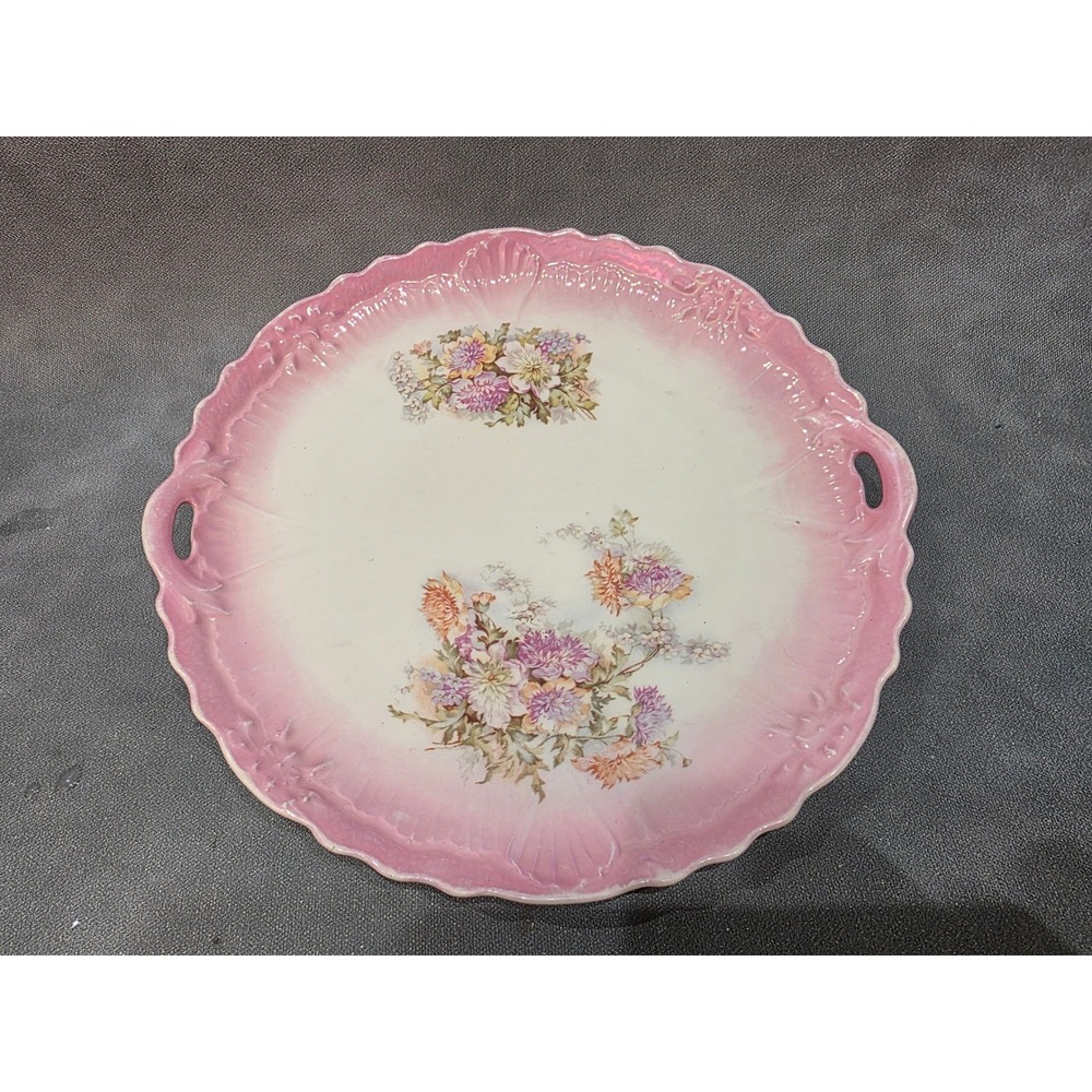 Vintage Floral Scalloped Ceramic Serving Tray Pink Ombre Handled Platter 10in